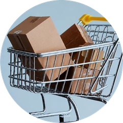 Carrinho de compras com caixas, representando os marketplaces