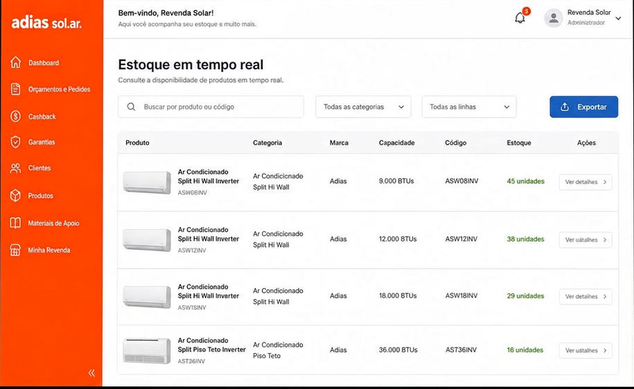 Tela da plataforma Clube Adias mostrando o estoque em tempo real