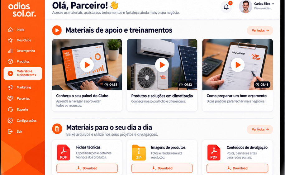 Tela da plataforma Clube Adias mostrando materiais de apoio e treinamentos