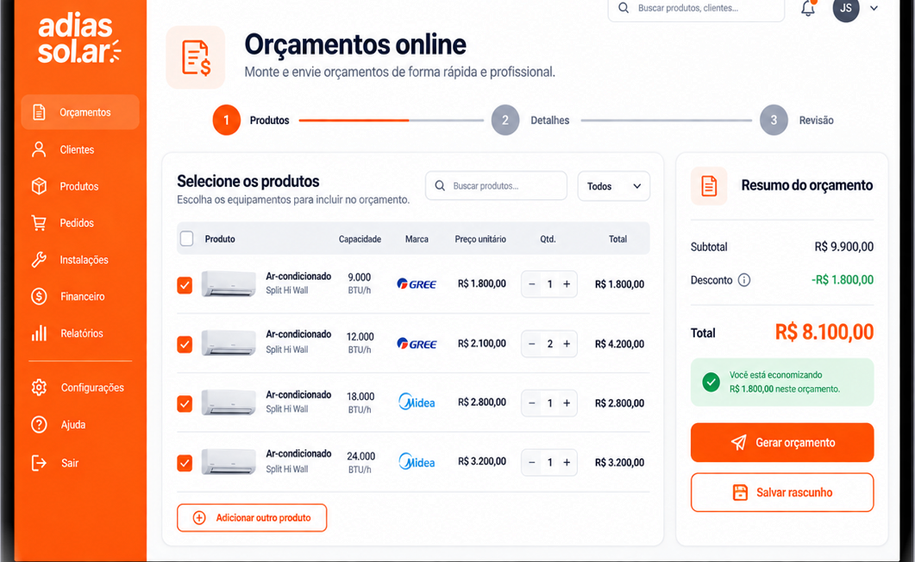 Tela da plataforma Clube Adias mostrando o orçamento online