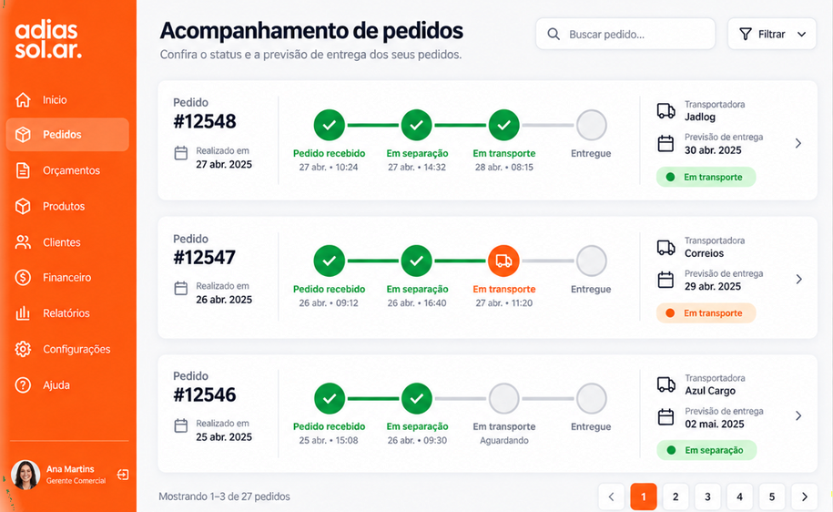 Tela da plataforma Clube Adias mostrando o acompanhamento de pedidos